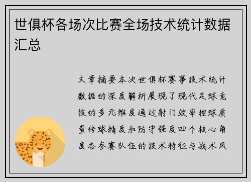 世俱杯各场次比赛全场技术统计数据汇总